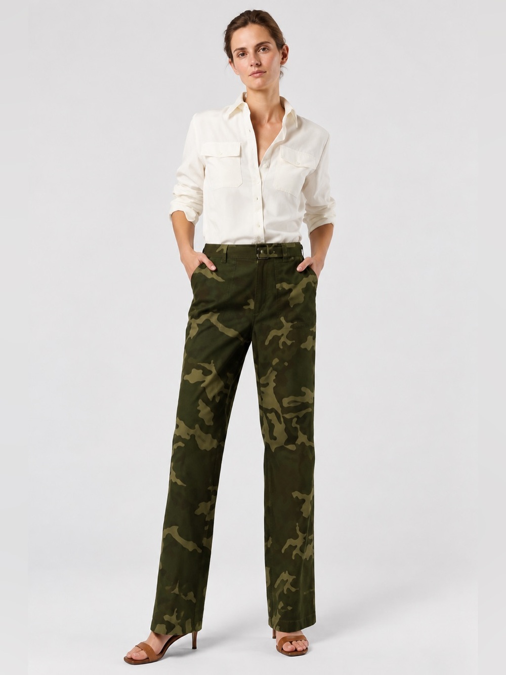 Ann Mashburn Billie Pant 6 Green Camo Cotton Nylon Utilitarian Quiet Luxury Chic